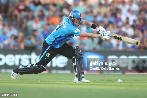 Adam Hose of the Strikers during the Men's Big Bash League match between the Adelaide Strikers and the Melbourne Renegades at Adelaide Oval, on...