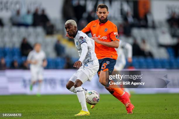 Henry Onyekuru of Adana Demirspor AS and Leo Duarte of Istanbul Basaksehir FK during the Turkish Super Lig match between Istanbul Basaksehir FK and...