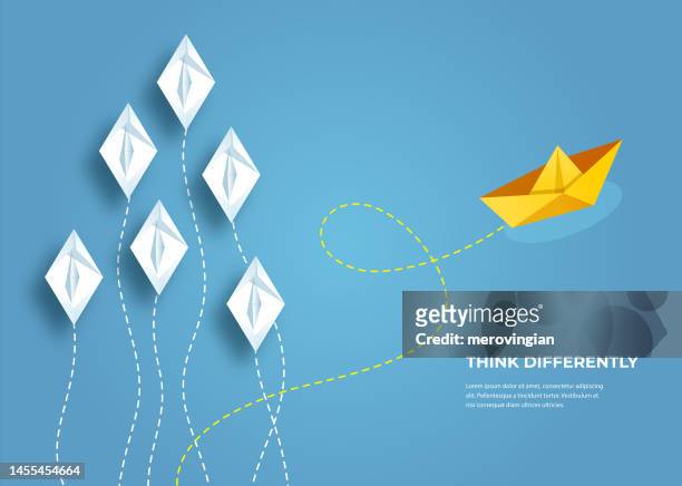 leader paper boat. think differently, leadership, trends, creative solution and unique way concept. be different - blue sailboat stock illustrations
