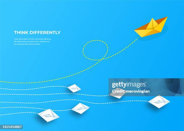 leader paper boat. think differently, leadership, trends, creative solution and unique way concept. be different - toy sailboat stock illustrations