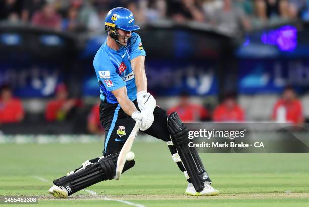 Chris Lynn of the Strikers bats during the Men's Big Bash League match between the Adelaide Strikers and the Melbourne Renegades at Adelaide Oval, on...