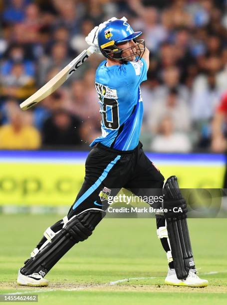 Chris Lynn of the Strikers bats during the Men's Big Bash League match between the Adelaide Strikers and the Melbourne Renegades at Adelaide Oval, on...