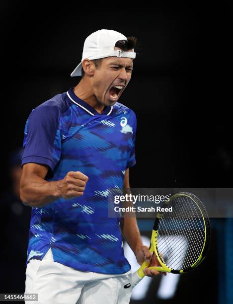 Jason Kubler of Australia defeats Tomas Martin Etcheverry of Argentina during day two of the 2023 Adelaide International at Memorial Drive on January...