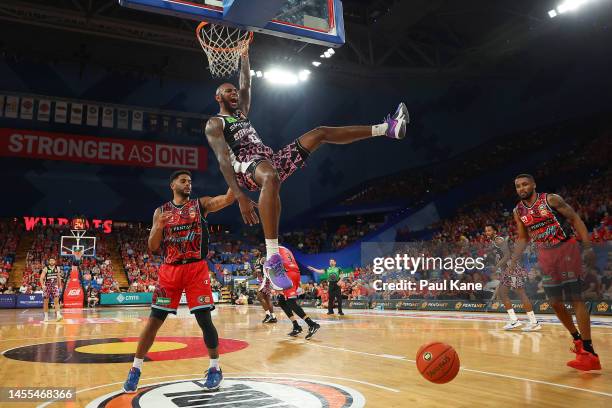 Dererk Pardon of the Breakers dunks during the round 15 NBL match between Perth Wildcats and New Zealand Breakers at RAC Arena, on January 10 in...