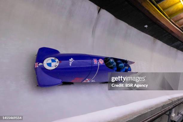 Brad Hall, Arran Gulliver, Tayloir Lawrence and Greg Cackett of the United Kingdom compete in the 4-man Bobsleigh during the BMW IBSF Bob & Skeleton...