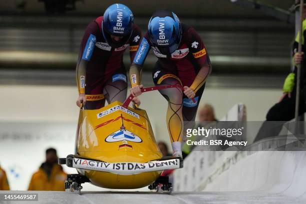 Kim Kalicki, Leone Fiebig of Germany compete in the 2-woman Bobsleigh during the BMW IBSF Bob & Skeleton World Cup at the Veltins-EisArena on January...