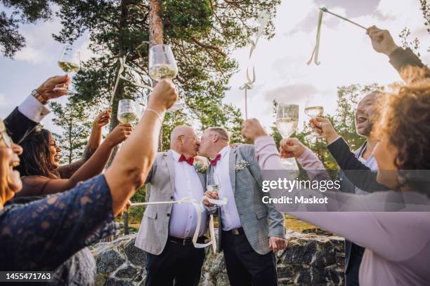 newlywed gay couple kissing each other with friends and family cheering for them in wedding - hochzeitspaar stock-fotos und bilder
