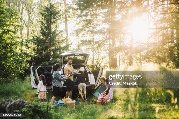family unloading stuffs from car trunk in forest on sunny day - car picnic stock pictures, royalty-free photos & images