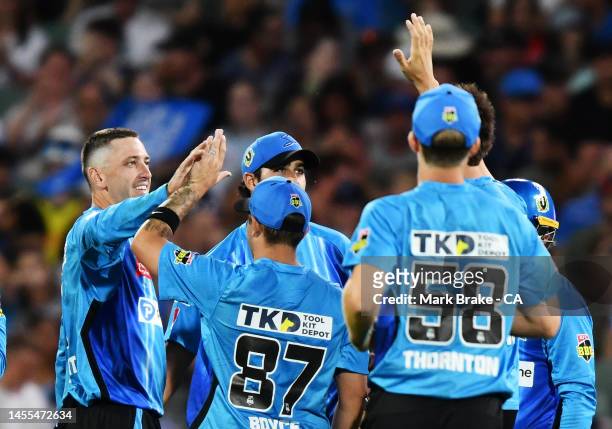 Matt Short of the Strikers celebrates the wicket of Jonathan Wells of the Renegades during the Men's Big Bash League match between the Adelaide...