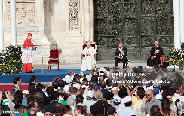 Archbishop of Milan Cardinal Angelo Scola speaks as Pope Benedict XVI, Mayor of Milan Giuliano Pisapia and Vatican State Secretary Tarcisio Bertone...