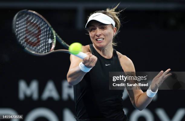 Paula Badosa of Spain competes against Anett Kontaveit of Estonia during day two of the 2023 Adelaide International at Memorial Drive on January 10,...