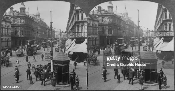 Stereoscopic image showing traffic and pedestrians on Royal Avenue, as seen from Donegal Place, in Belfast, County Antrim, Northern Ireland, circa...