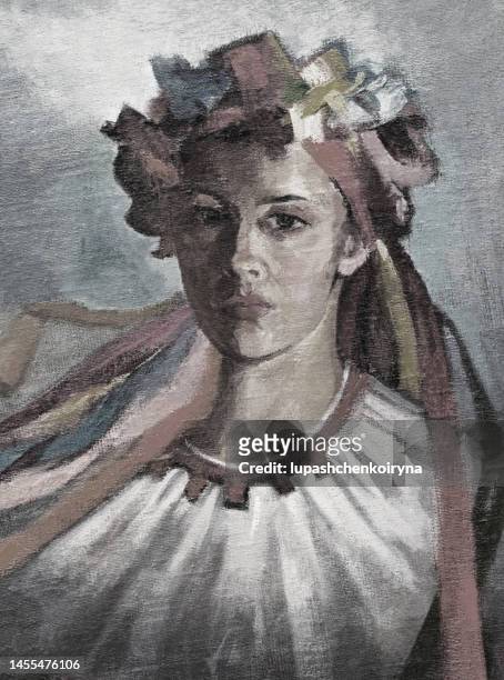 illustration art work oil painting portrait of a l girl ukrainian in national clothes - evacuation stock illustrations