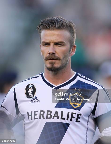 Midfielder David Beckham of the Los Angeles Galaxy stands at midfield prior to the MLS match against the San Jose Earthquakes at The Home Depot...