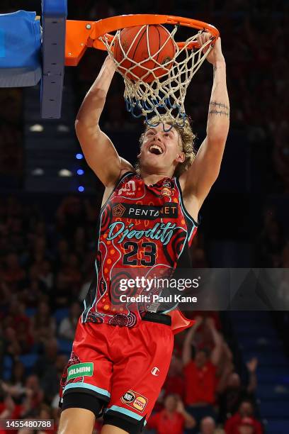 Luke Travers of the Wildcats dunks during the round 15 NBL match between Perth Wildcats and New Zealand Breakers at RAC Arena, on January 10 in...