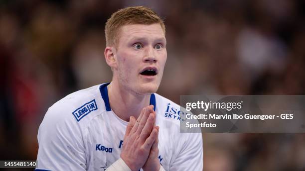 Ymir Oern Gislason of Iceland looks dejected during the handball international friendly match between Germany and Iceland at ZAG-Arena on January 08,...