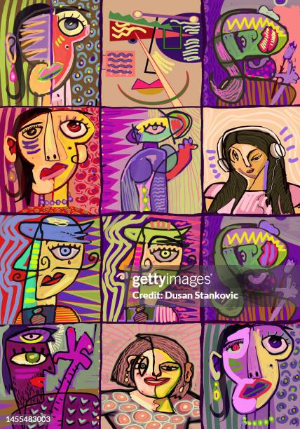 ilustraciones, imágenes clip art, dibujos animados e iconos de stock de colección de retratos de estilo cubista - cubismo