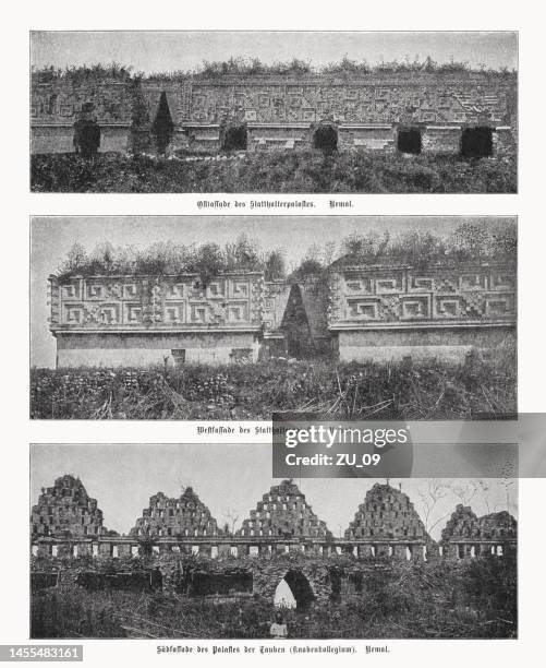 ancient maya city uxmal, yucatán, mexico, halftone prints, published in 1899 - yucatan uxmal stock illustrations
