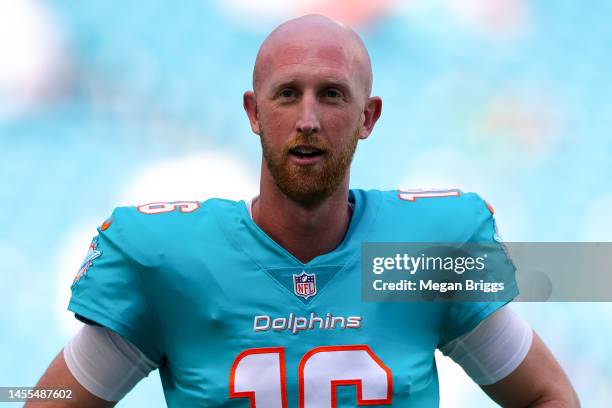 Mike Glennon of the Miami Dolphins looks on prior to a game against the New York Jets at Hard Rock Stadium on January 08, 2023 in Miami Gardens,...