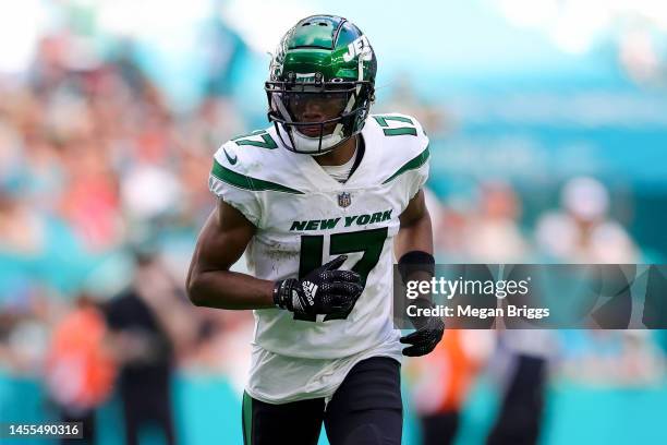Garrett Wilson of the New York Jets in action against the Miami Dolphins during the second half of the game at Hard Rock Stadium on January 08, 2023...