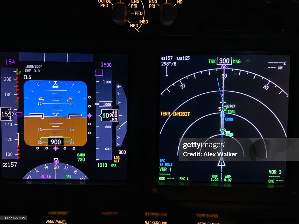 Instrument Screens in Cockpit, flight deck, of a commercial aircraft.