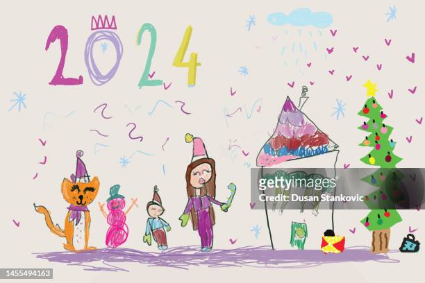 children's creation inspired by the new year 2024 - cat in box stock illustrations