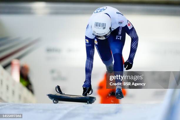 Kimberley Bos of the Netherlands compete in the Women's Skeleton during the BMW IBSF Bob & Skeleton World Cup at the Veltins-EisArena on January 6,...