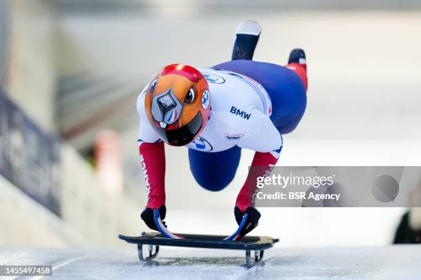 Agathe Bessard of France compete in the Women's Skeleton during the BMW IBSF Bob & Skeleton World Cup at the Veltins-EisArena on January 6, 2023 in...