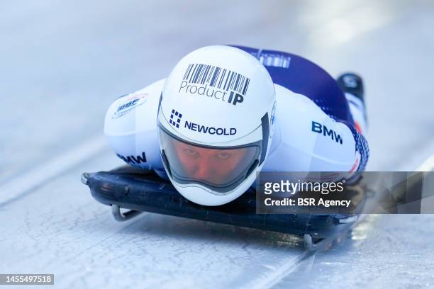 Kimberley Bos of the Netherlands compete in the Women's Skeleton during the BMW IBSF Bob & Skeleton World Cup at the Veltins-EisArena on January 6,...