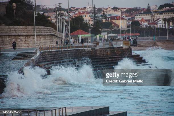 waves breaking by the coast in cascais - black headed gull stock pictures, royalty-free photos & images