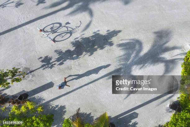 aerial view of man with bicycle under palm trees - thulusdhoo stock pictures, royalty-free photos & images
