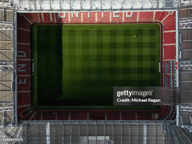 An aerial view of the pitch at Old Trafford stadium on August 31, 2022 in Manchester, England.
