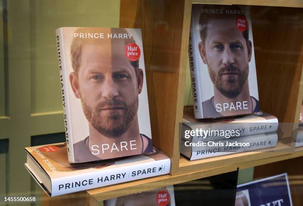 Copies of Prince Harry's new book 'Spare' on sale in a bookshop in Richmond, London on January 10, 2023 in London, England. Prince Harry's memoir...