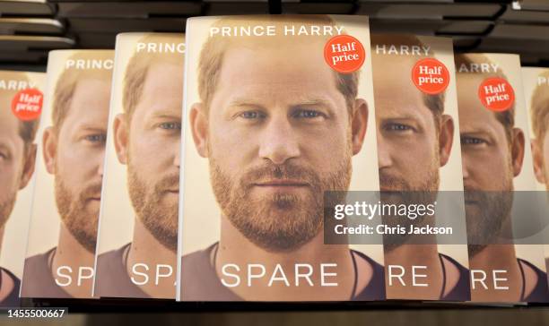 Copies of Prince Harry's new book 'Spare' on sale in a bookshop in Richmond, London on January 10, 2023 in London, England. Prince Harry's memoir...