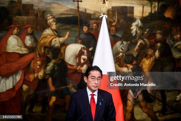 Japan's Prime Minister Fumio Kishida and Italian Prime Minister Giorgia Meloni hold a joint press conference after their meeting at Palazzo Chigi, on...