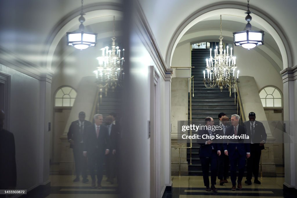 Speaker of the House Kevin McCarthy arrives for a GOP caucus meeting ...