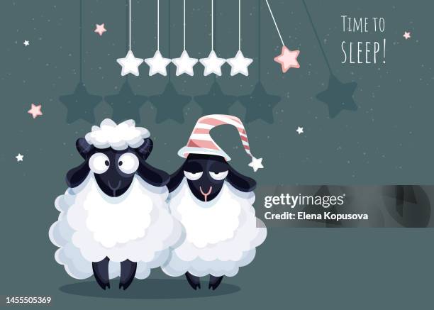 healthy sleep concept in cartoon style. cute sheep in a nightcap on an abstract colorful night background. modern creative illustration for app, website, presentation or design. - cartoon ram stock illustrations