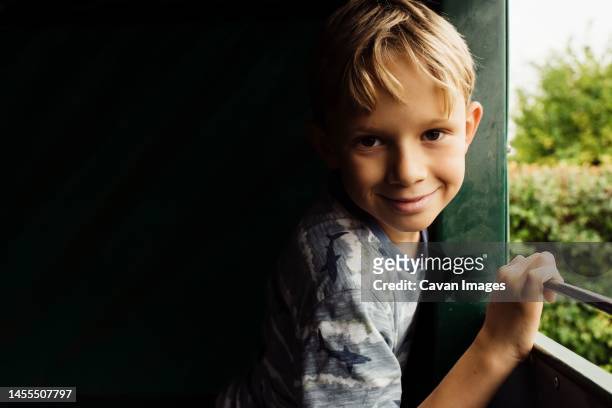 portrait of a boy smiling on a tractor ride - 9 hand drawn patterns bildbanksfoton och bilder