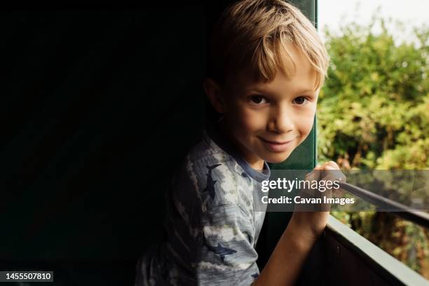 portrait of a boy on a tractor ride in the countryside - 9 hand drawn patterns stock-fotos und bilder