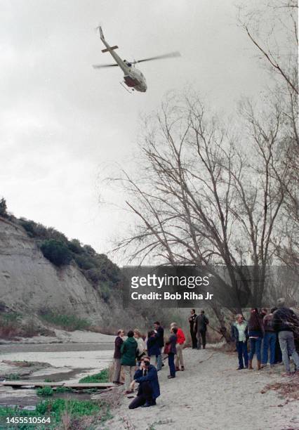Director John Landis, Los Angeles Superior Court Judge Roger W. Boren and Court Officials watch a Los Angeles County Fire Department helicopter fly a...