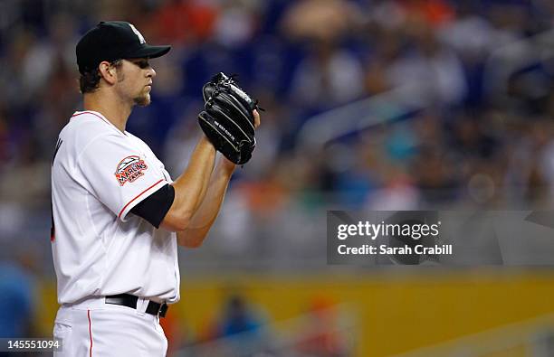 Josh Johnson of the Miami Marlins pitches during a game against the Washington Nationals at Marlins Park on May 30, 2012 in Miami, Florida. The...