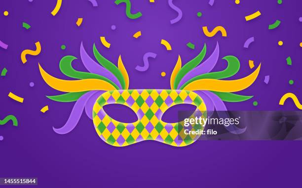 illustrazioni stock, clip art, cartoni animati e icone di tendenza di mardi gras carnival celebration confetti party sfondo - carnaval
