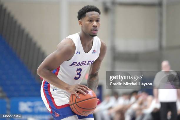 Colin Smalls of the American University Eagles takes a foul shot during a college basketball game against the Loyola Greyhounds at Bender Arena on...