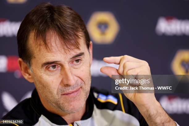 Julen Lopetegui, Manager of Wolverhampton Wanderers speaks to the media at The Sir Jack Hayward Training Ground on January 10, 2023 in Wolverhampton,...