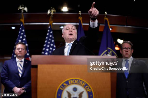 Flanked by Rep. Michael Cloud and Rep. Adrian Smith , House Majority Leader Steve Scalise calls on reporters during a news conference following a GOP...