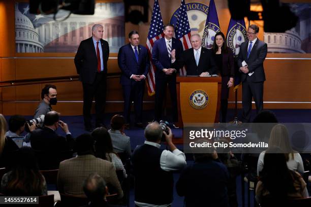 House Majority Leader Steve Scalise is joined by House Majority Whip Tom Emmer , Rep. Anthony D'Esposito , Rep. Michael Cloud , House Republican...
