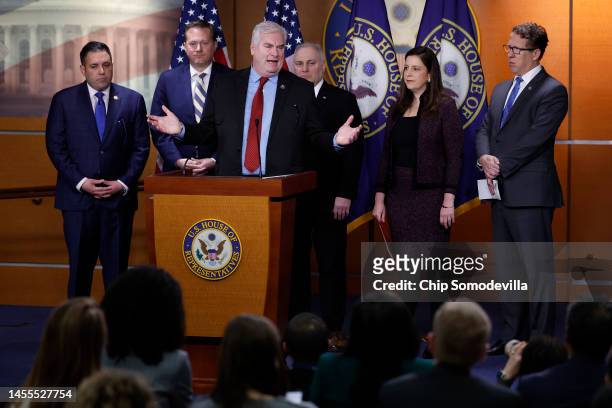 House Majority Whip Tom Emmer talks during a news conference with Rep. Anthony D'Esposito , Rep. Michael Cloud , House Majority Leader Steve Scalise...