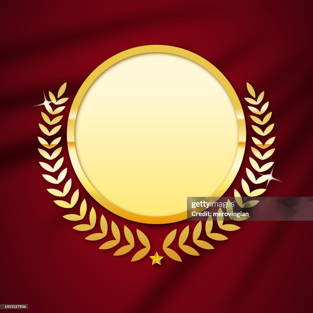 Gold medal with laurel wreath vector illustration on red wavy curtain background