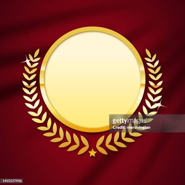 gold medal with laurel wreath vector illustration on red wavy curtain background - gold medal stock illustrations