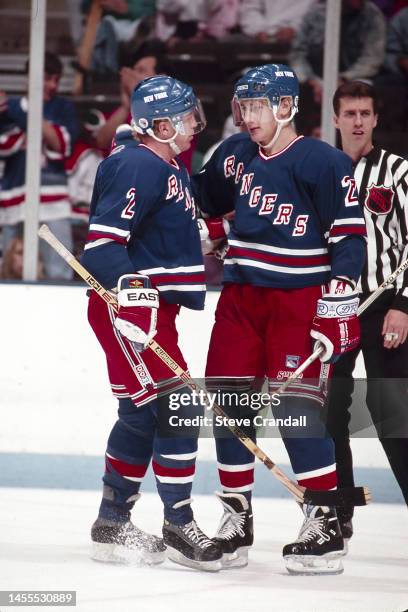 Rangers Alexei Kovalev celebrates scoring a goal with teammate Brian Leetch during the game against the NJ Devils at the Meadowlands Arena on October...